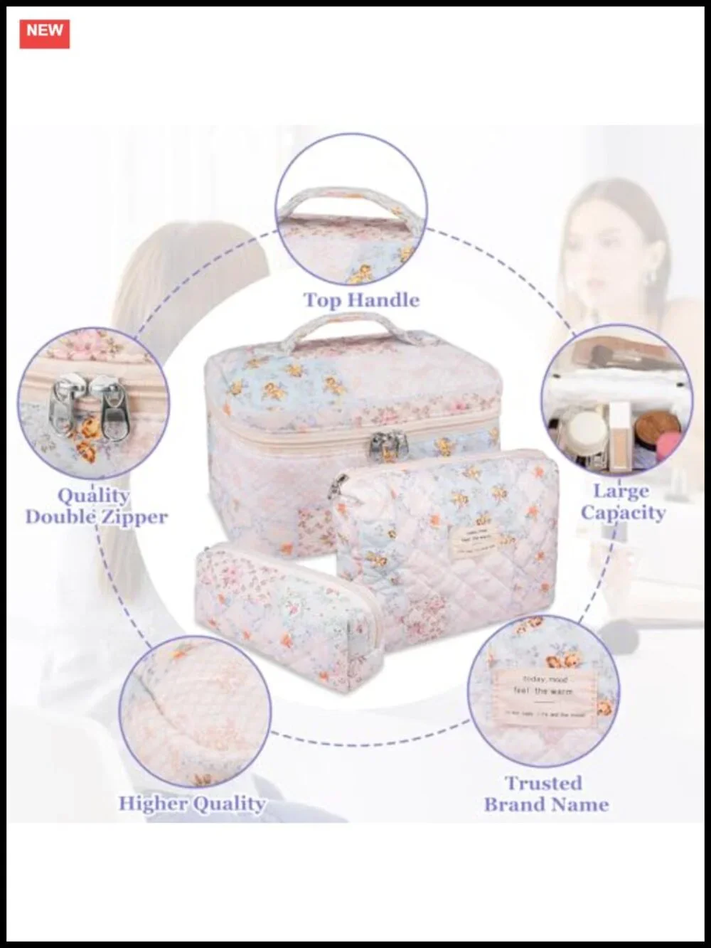 Quilted Cotton Floral Makeup Bag Set, 3 Sizes, Travel Toiletry Organizer,